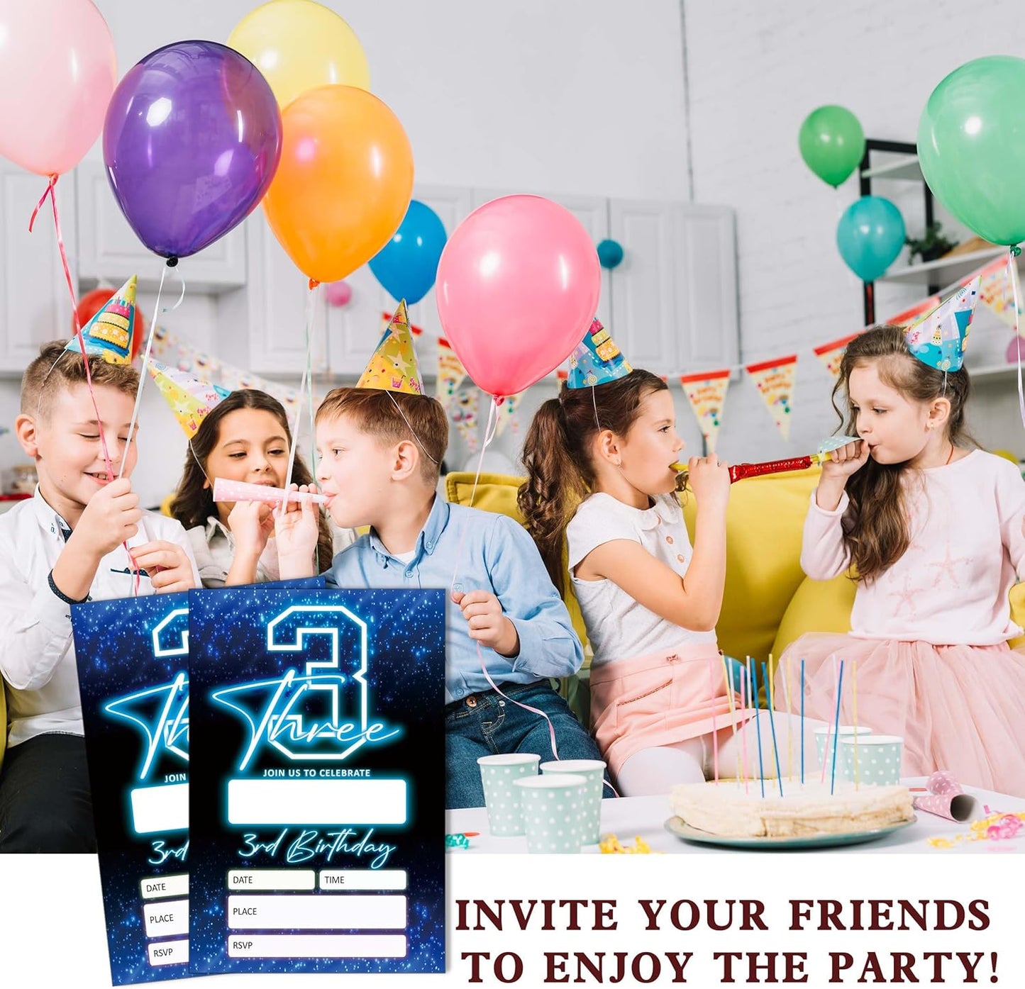 SIXEIGHT Blue 3rd Birthday Invitations for Boys, Neon Glow Party Invitations for Girls Kids, 20 Pack Double Sided Invite Cards with Envelopes, 3rd Glow Neon Birthday Party Decorations, 4x6 Inch-C03