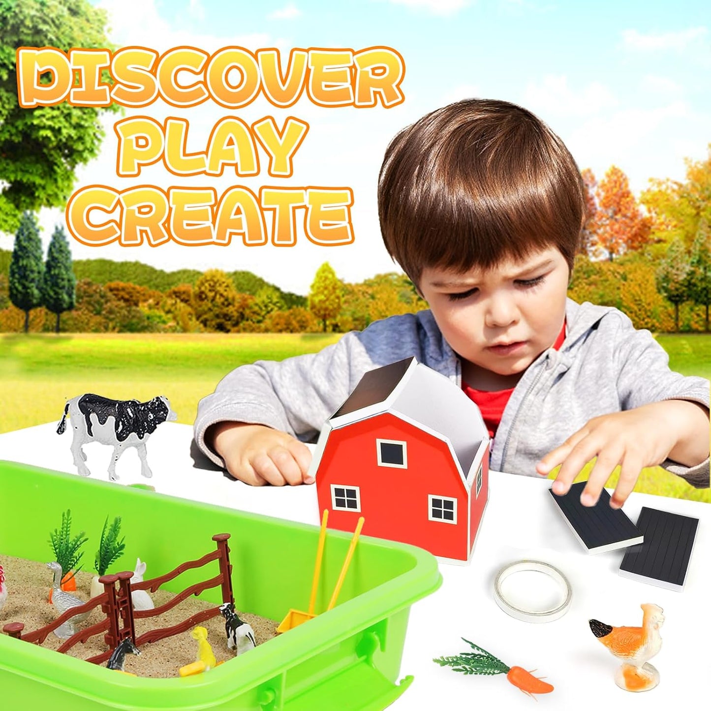 Farm Sensory Bin,Farm Animals Sand Kit with Sensory Sand,Barn Sandbox with Tractor,Sensory Play Sand Set for Kids 3 4 5 6 7