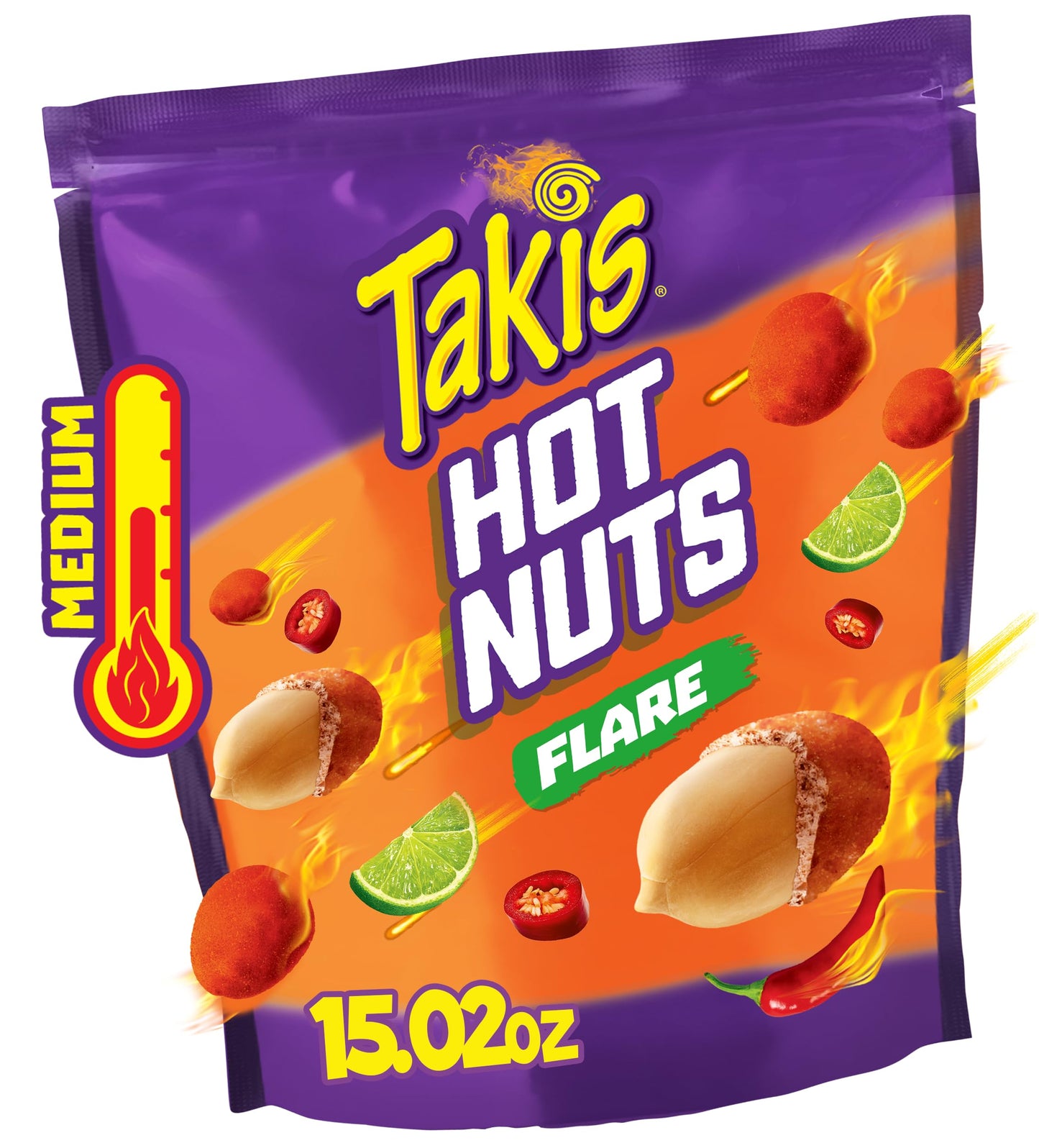 Takis Flare Hot Nuts 15.02 oz Sharing Size Resealable Bag Chili Pepper & Lime Flavored Medium Spicy Double-Crunch Peanuts