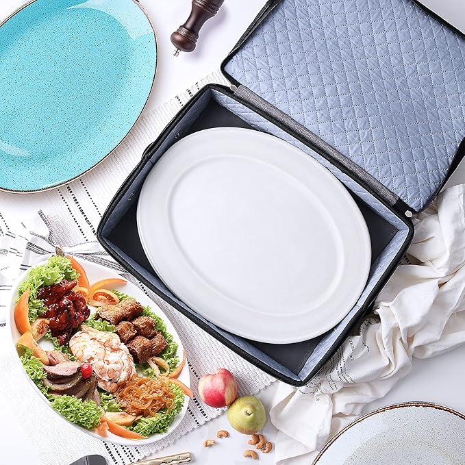 Hearth & Harbor Fine China Storage Containers, 6 Piece Dish Storage Containers, Stackable Plate Storage, Coffee Mug Storage and Wine Glass Storage Box with Dividers, Quilted Dish Organizers, Grey