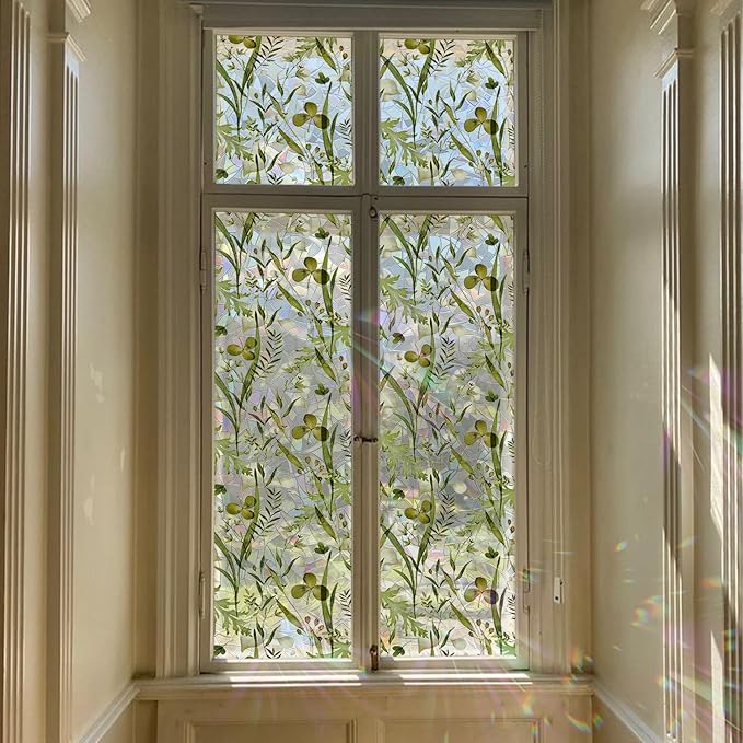 Rainbow Watercolor Green Leaves Window Film, Privacy Iridescent Static Cling Double-Sided Decals for Window Door Glass Decor, Herbs, 118.11" x 16.93"