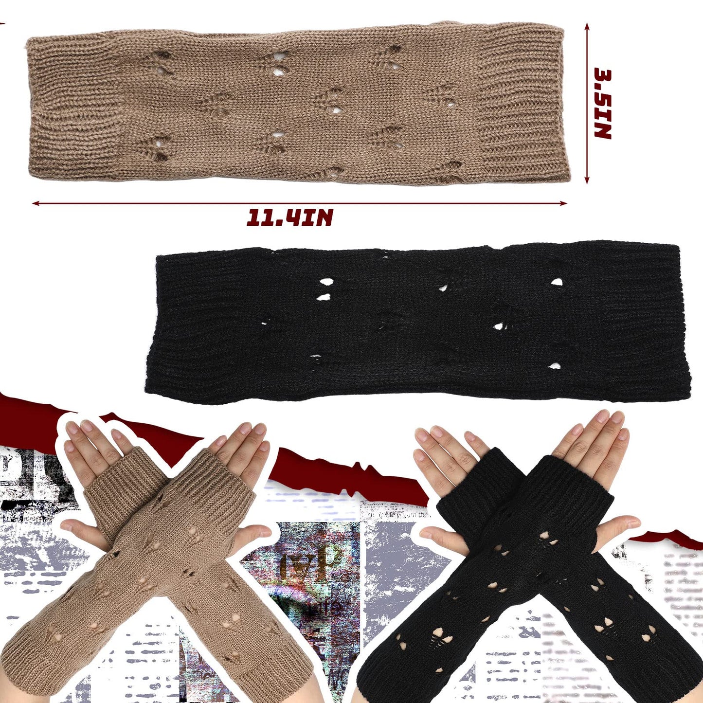 Hercicy 4 Pcs Fairy Grunge Accessories 2 Pcs Y2k Grunge Knitted Cat Beanie 2 Pair Ripped Gloves Winter Warm Knitted Stripe Crochet Hats Beanies with Ears Crochet Glove for Women