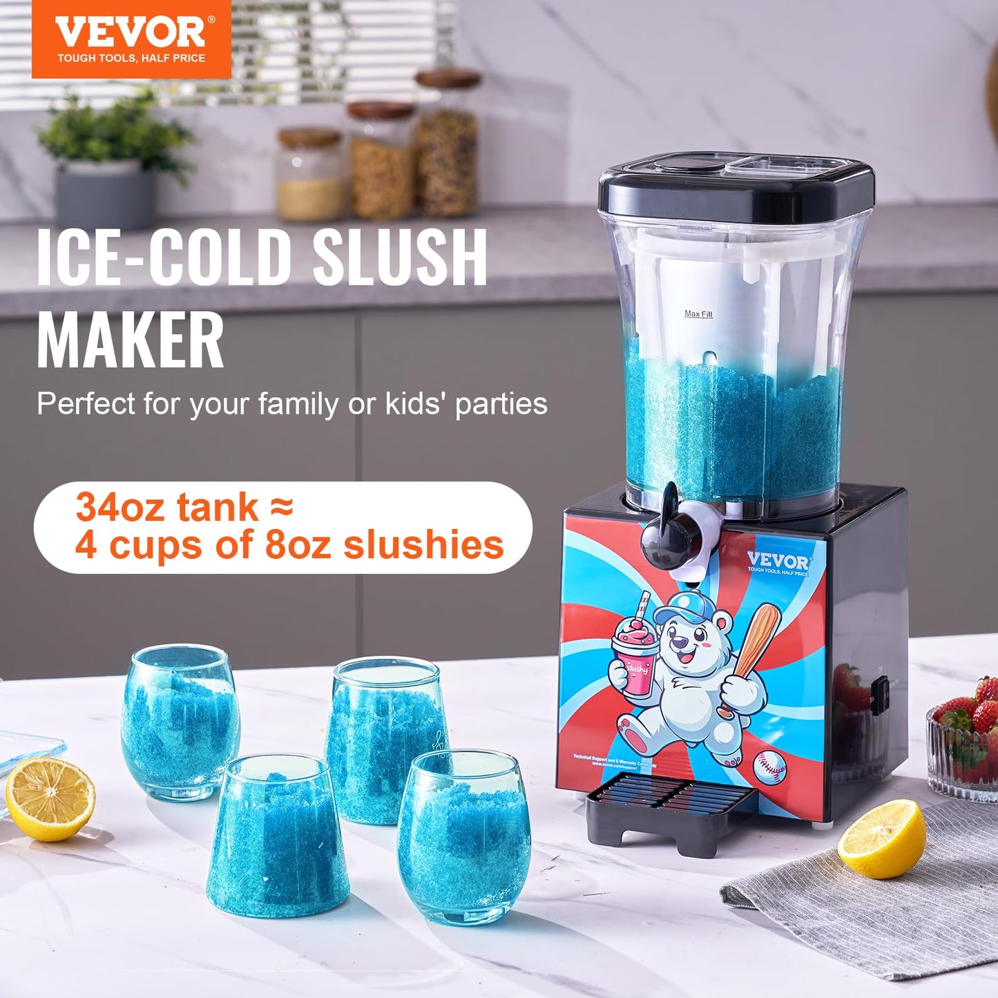 VEVOR Slushie Machine for Home, 34oz Tank Home-use Margarita Machine, Smoothie Frozen Drink Maker with Food-grade Materials, Slushy Machine for Home DIY, Kids' Parties, Black
