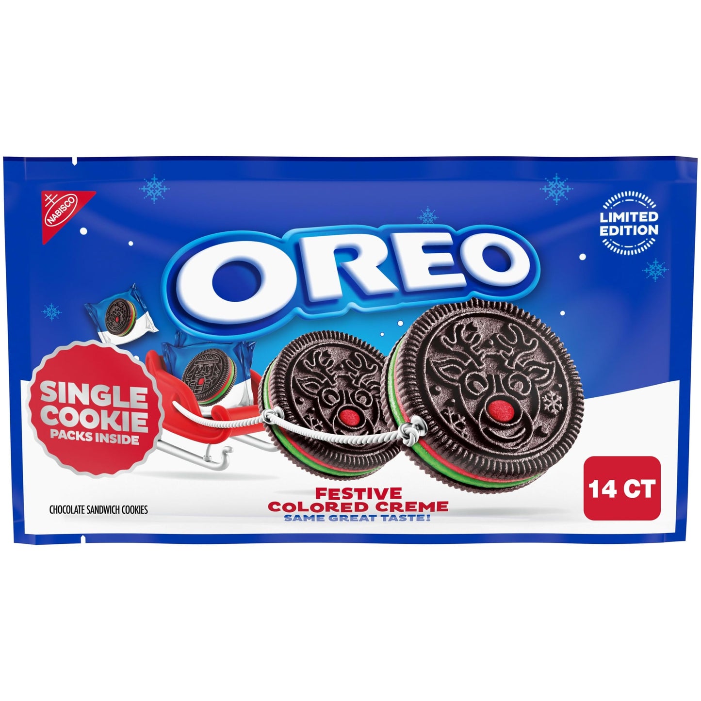 OREO Red and Green Festive Colored Creme Chocolate Sandwich Cookies Limited Edition Holiday Cookies 14 Snack Packs (1 Per Pack)