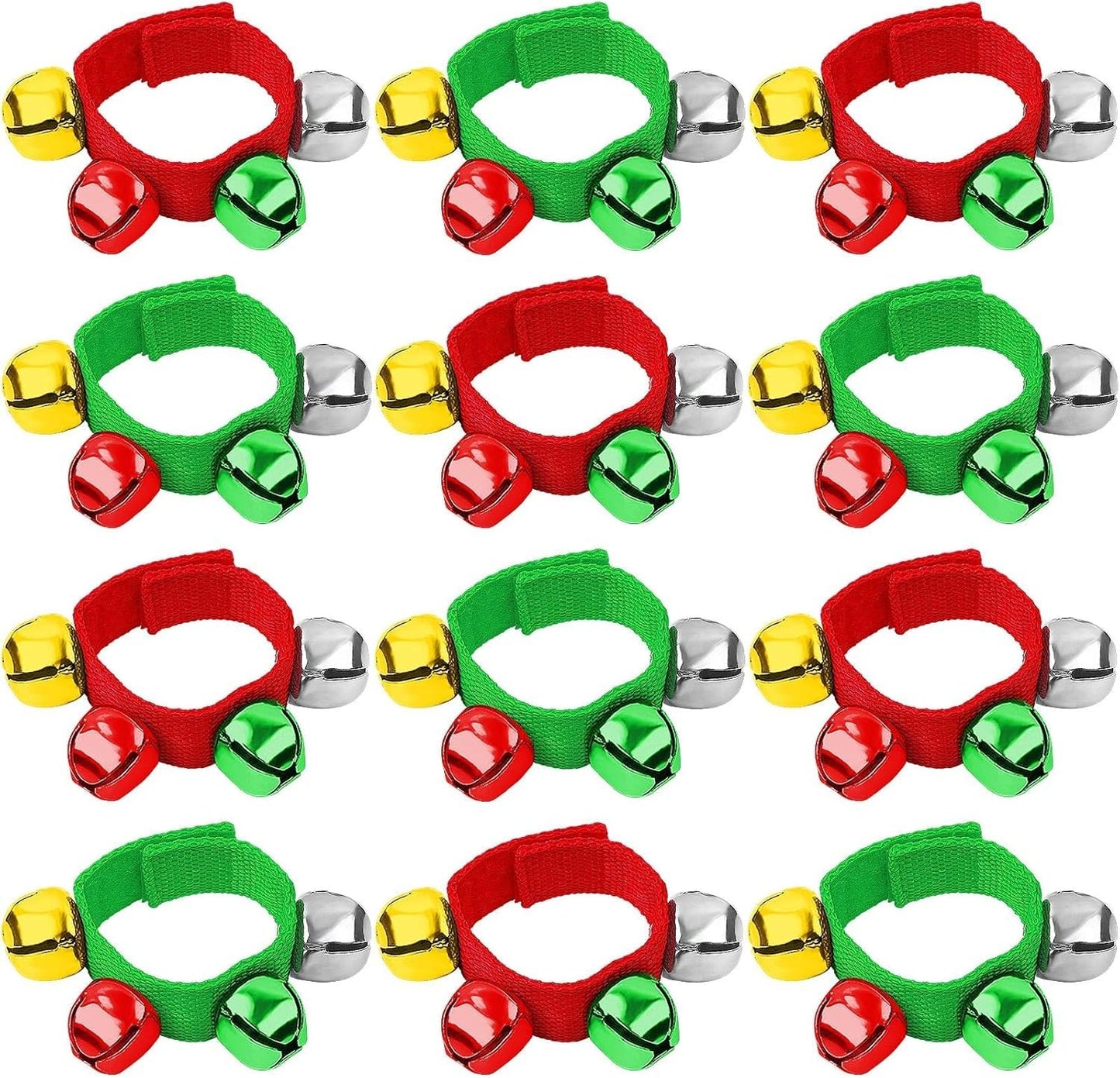 Augshy Christmas Wrist Bells Bracelets, 12Pcs Wrist Band Jingle Bells with Red Green Gold Silver Bells, Musical Instruments Adju