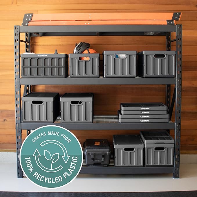 CleverMade Collapsible Storage Bins with Lids - Stone 3 Pack 46L - Plastic Containers Stackable Organization Crates Home Closet Space-Saving Durable