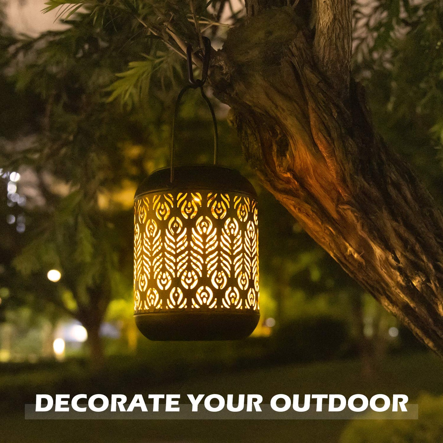 LeiDrail Solar Lanterns, Black Metal Decorative Light, Warm White LED, Waterproof, 2 Pack, Model LD0056