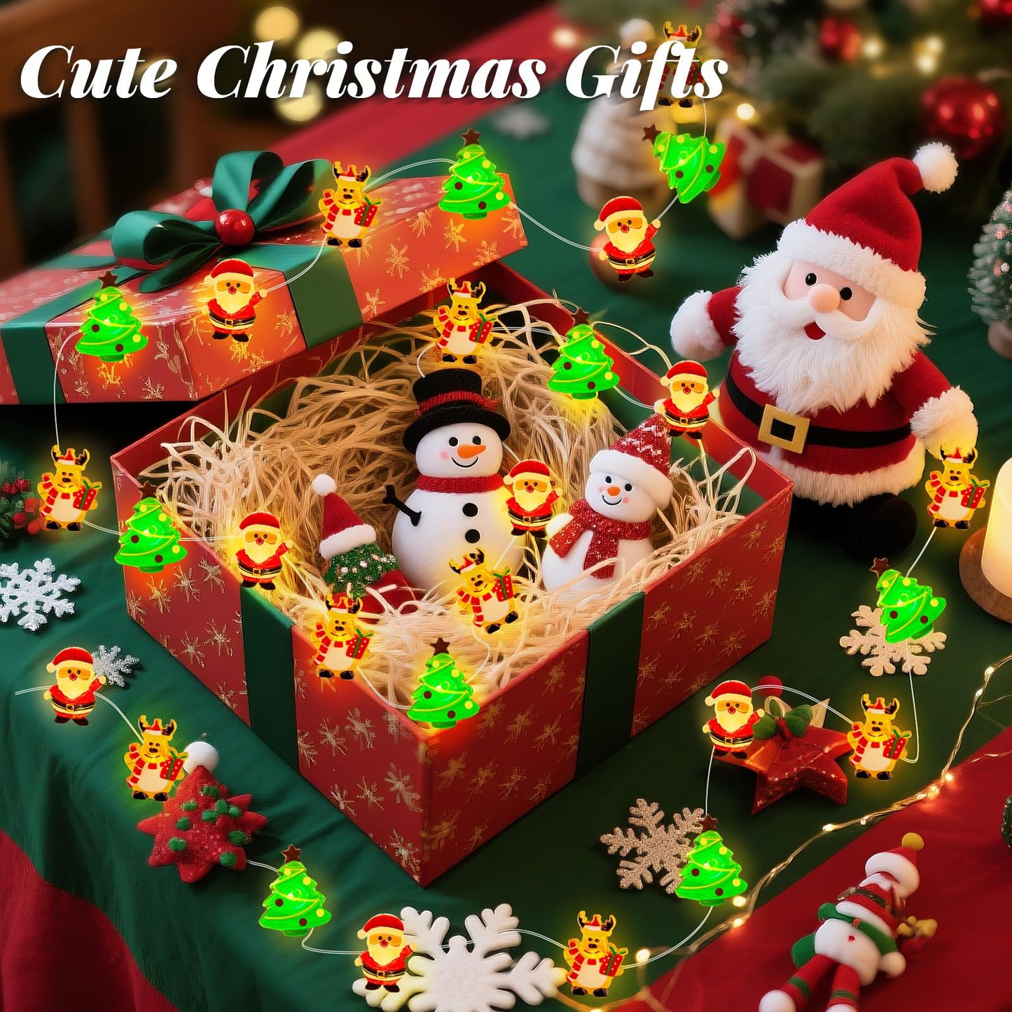 Aogist 50Led Christmas Fairy Lights - 16Ft Super Bright 3D Santa Claus Christmas Tree Deer String Lights Battery Operated Decor For Indoor/Outdoor Party Home Bedroom Yard Windows Doors Winter Decor
