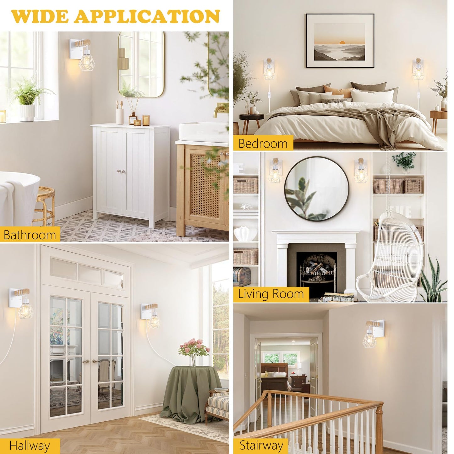 Lomoky White Plug In Wall Sconces Set Of Two Modern Wall Lights With 5.25Ft Plug In Cord Wooden Bedside Wall Lamps With Metal Shade Industrial Wall Lighting Decor For Living Room Hallway Stairs