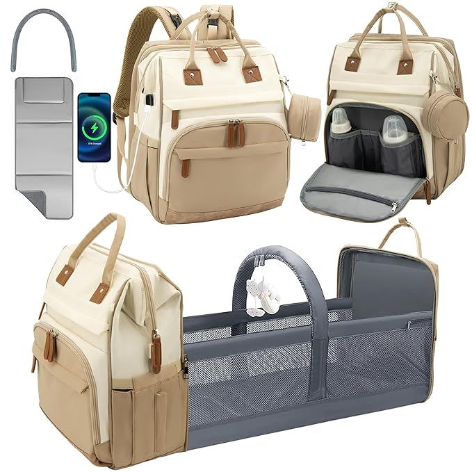 DERJUNSTAR Diaper Bag, Baby Diaper Backpack with Changing Station (Beige/Khaki)