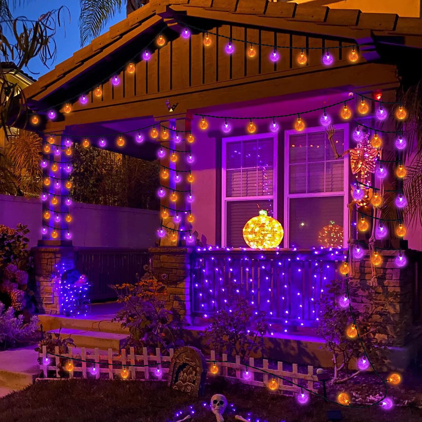 Joomer Solar String Lights - 100LED 72FT Waterproof Crystal Globe Lights, Orange Purple, 8 Modes for Outdoor Patio Halloween Decor