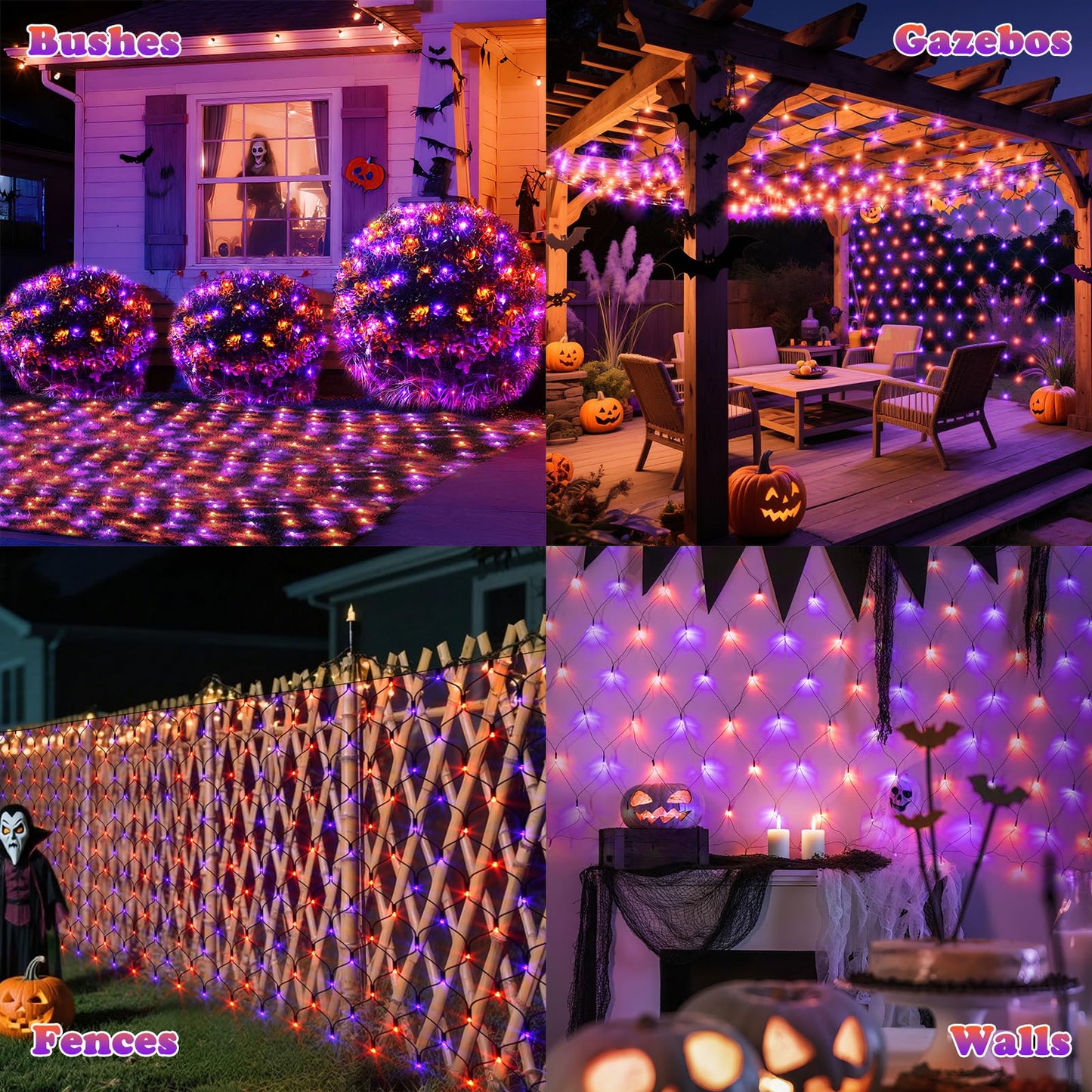 Lithome 21Ft X 5Ft Halloween Net Lights 360 Led Purple Orange Bush Lights With 8 Modes Connectable Waterproof Net Mesh Light Dark Green Wire For Bushes Shrubs Trees Outdoor Holiday Decor