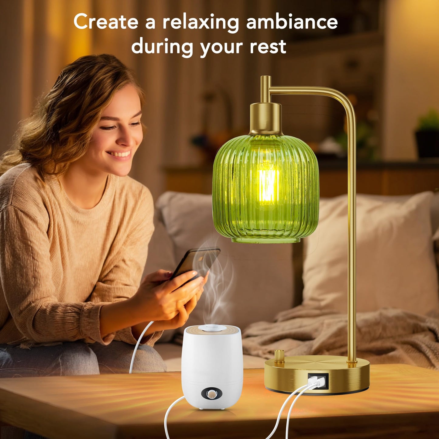 QiMH Table Lamp Set of 2, Gold & Green Glass, USB A&C Ports, Stepless Dimmable, Model STR-DL-0208, Nightstand & Office Decor