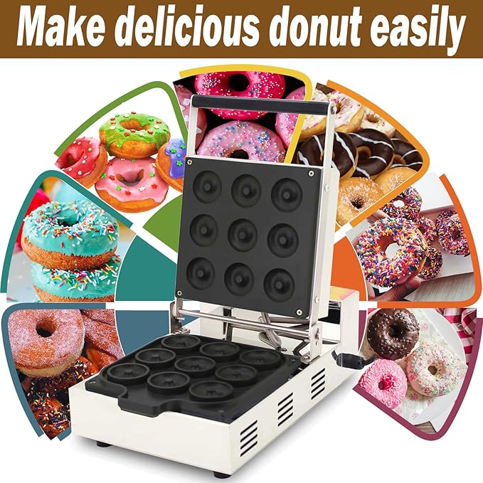 Electric Donut Maker Commercial 9 Holes Mini Doughnut Machine Mini Donuts Maker with Cool Touch Handle Non-Stick Coating for Bakeries Restaurant Snack Bars,1600W, 110V