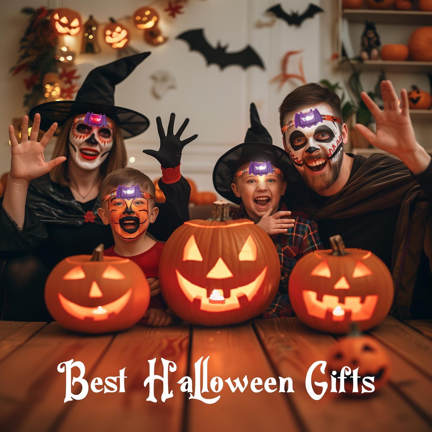 Everbrite Halloween Bat Headlamps Halloween Gifts 3 Modes Head Lamps With Warm/Red/Strobe Lights Headlights For Halloween Party And Decorations 2 Pack