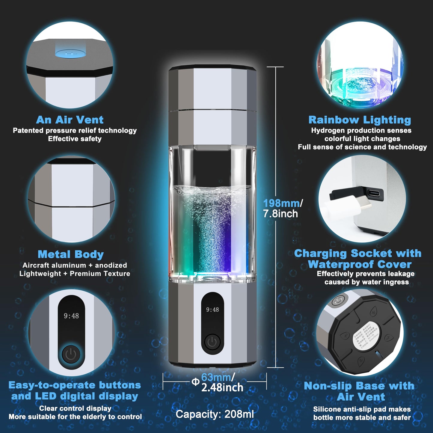 Hydrogen Water Bottle Generator with 10000PPB Hydrogen Production LED Display Portable Hydrogen Water Machine for Home, Gym, Travel, Office Hydro Bottle Suitable Gift for Love Friend Family