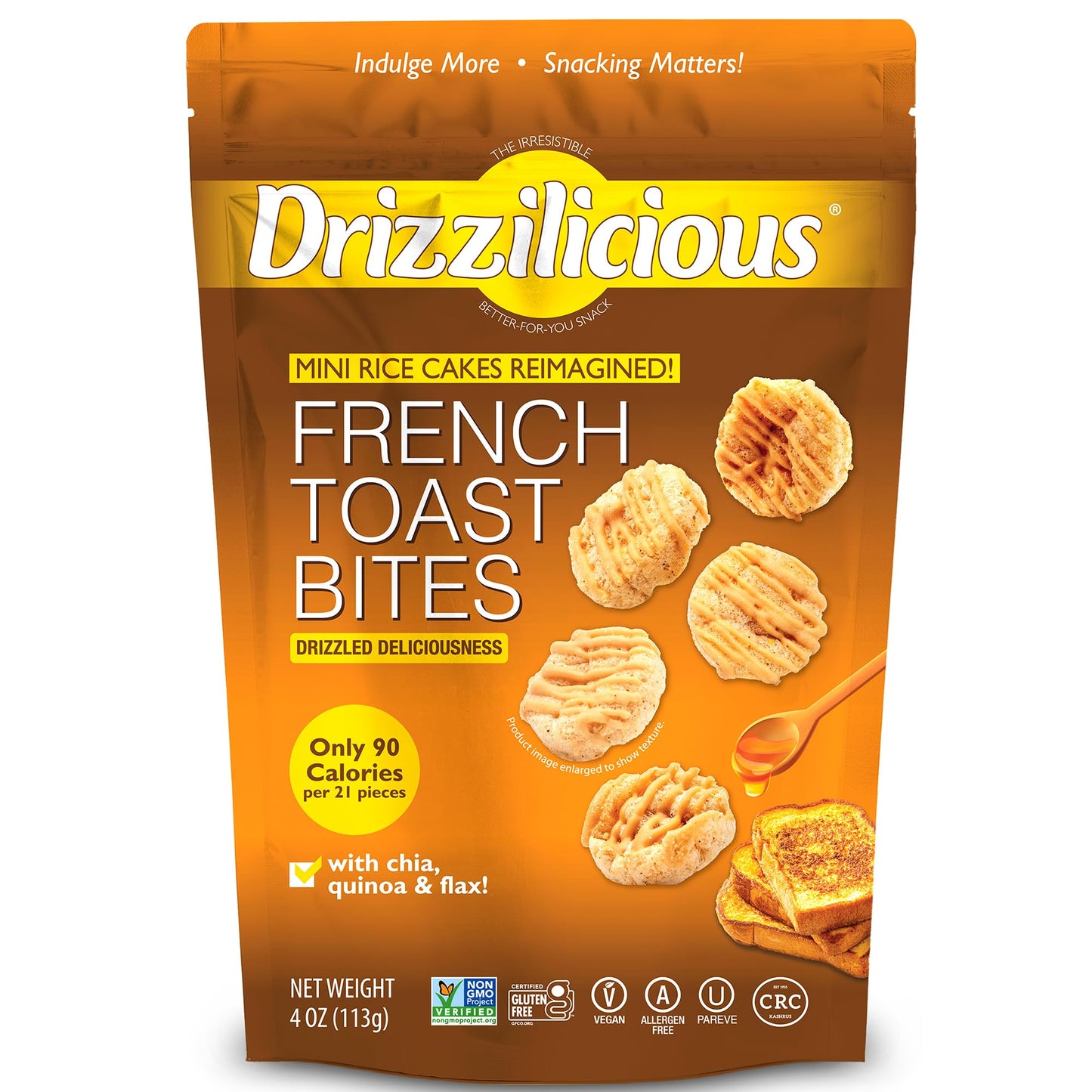 Drizzilicious Mini Rice Cakes French Toast - Rice Crisps Healthy Snack for mature-themeds and Kids Flavored Rice Cakes Vegan Gluten Free Allergen Free Only 90 Calories Per Serving - 4 oz (Pack of 6)