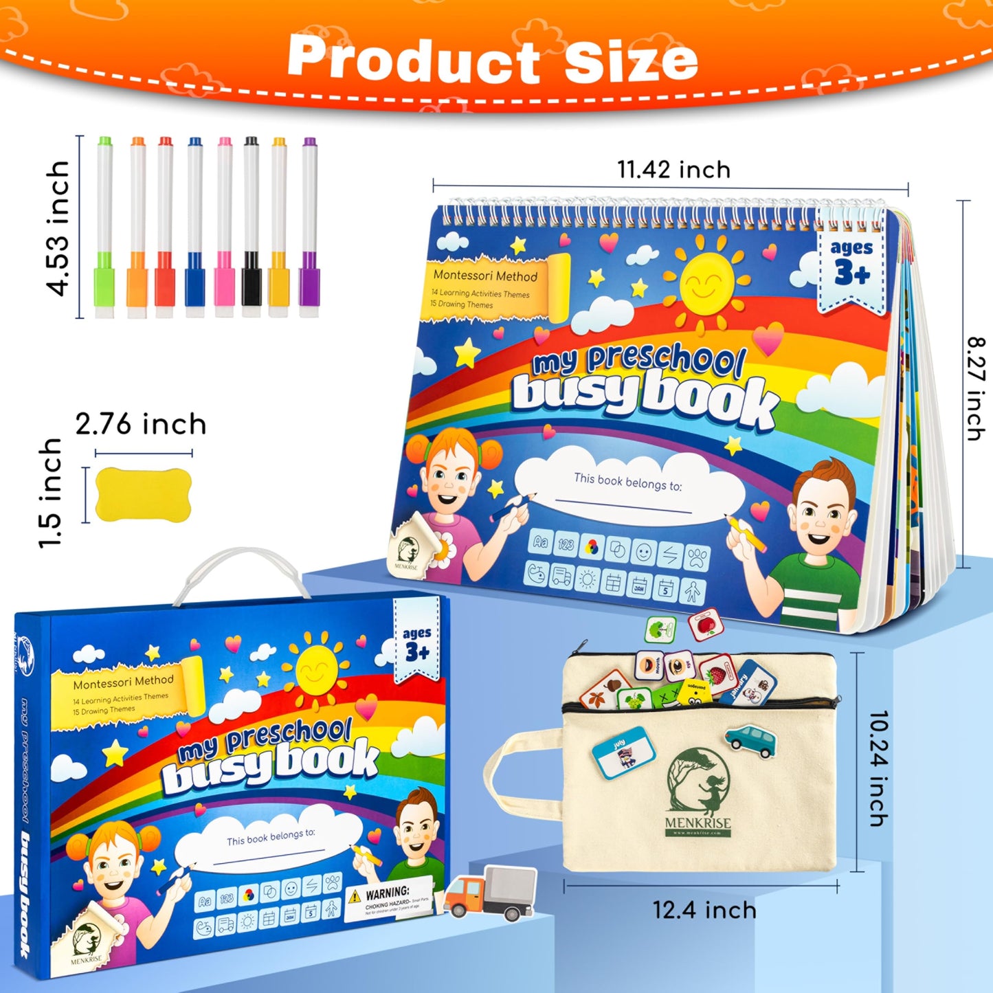 MENKRISE Montessori Busy Book for Toddlers 3–5 | Preschool Learning Activities | Educational Toddler Book with 14 Themes, 15 Drawing Pages & Guided Stickers | Fine Motor Skills Toy & Travel Activity