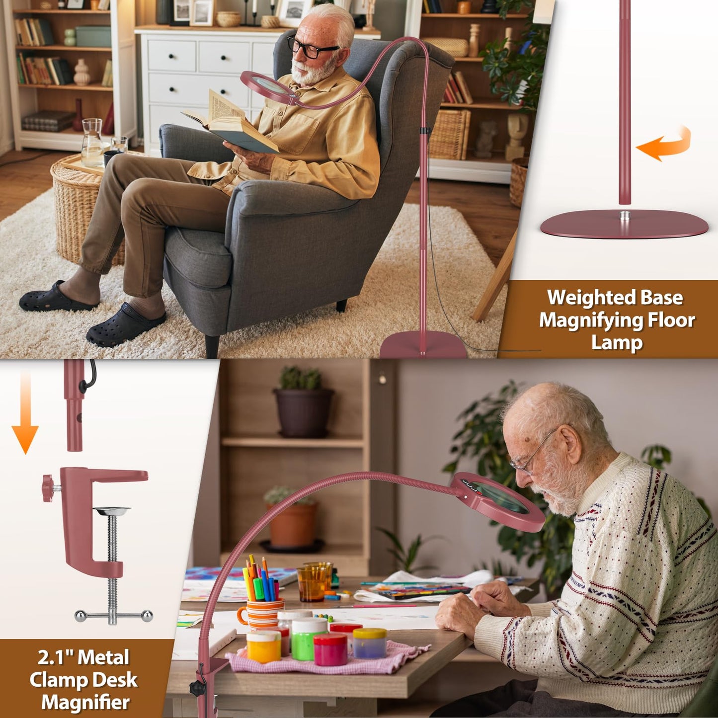 Krstlv 10X Magnifying Glass with Light, 24in Gooseneck Floor Lamp, 3-in-1 LED, Stepless Dimmable, Red, Model RLFG609
