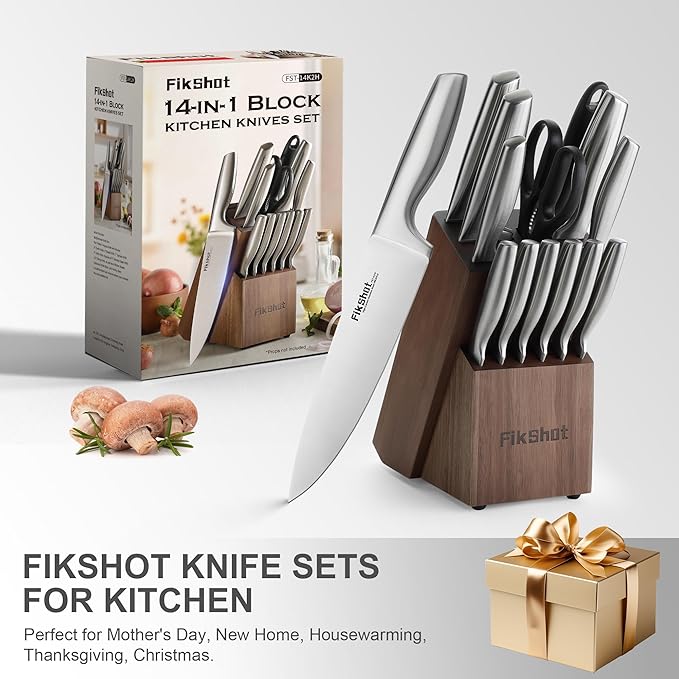Knife Block Set, Kitchen Knife Sets with Block, FIKSHOT Knives Set - Razor-Sharp Santoku Knives, Fruit and Kitchen Sets - Rust Resistant for Homecooks (Silver + Walnut)