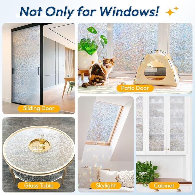 rabbitgoo Rainbow Window Privacy Film Decorative Stained Glass Diamond Pattern Window Sticker with Iridescent Tint Non-Adhesive Static Cling for Home Office Crystal Pattern, 17.5 x 157.4 inch