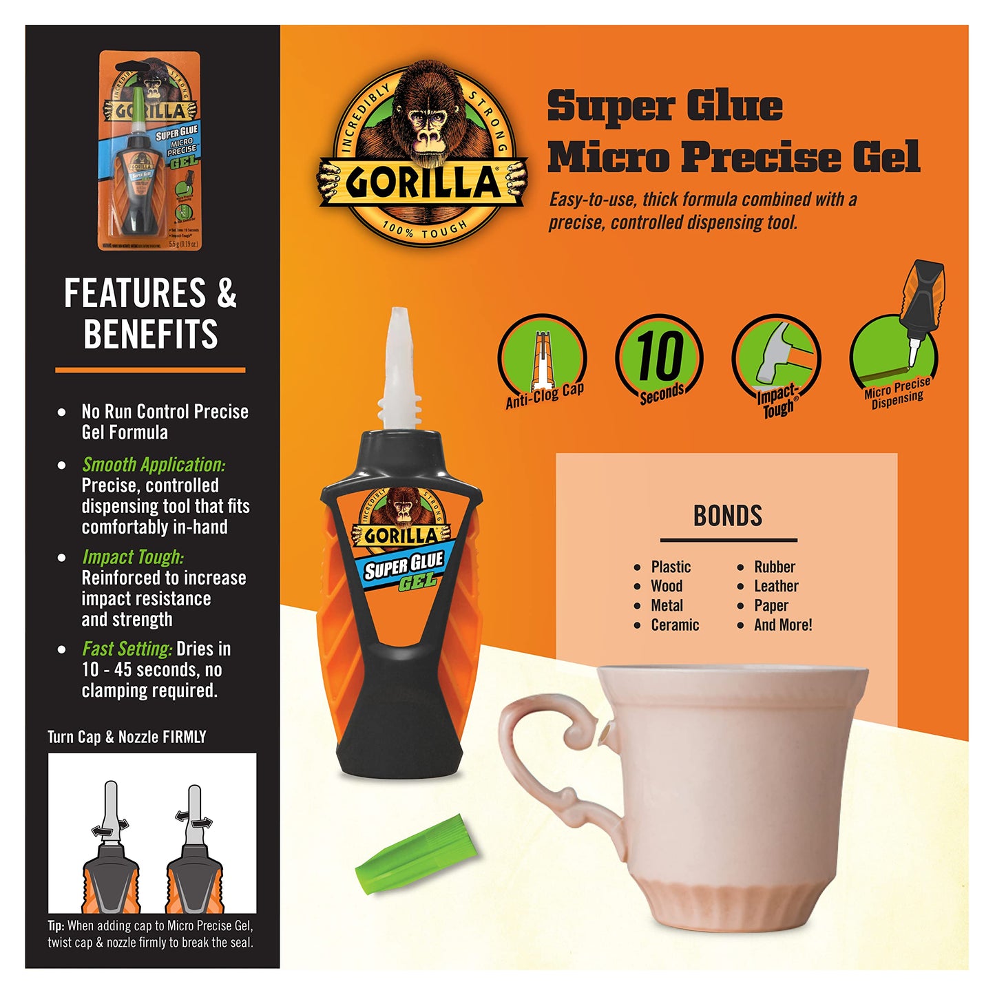 Gorilla Micro Precise Super Glue Gel, Cyanoacrylate Glue, Fast Setting, Precise Dispensing Tool, Anti-Clog Cap, Clear, 5.5g, (Pack of 2)