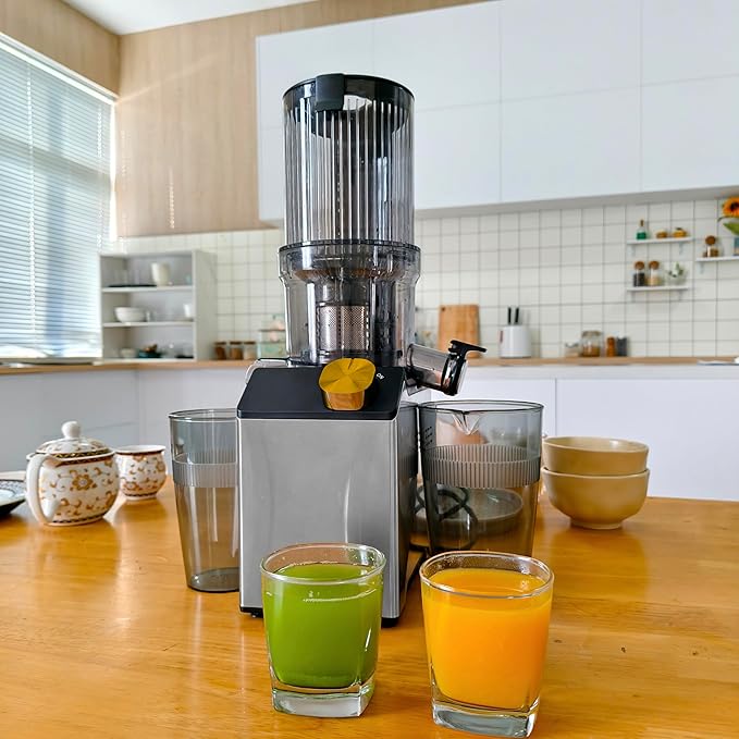 Cold Press Juicer, Juicer Machines with 4.35'' Wide Feed Chute, Stainless Steel Slow Masticating Juicers Easy to Clean, Ergonomic Operational Panel Design, High Juice Yield, Yellow Knob