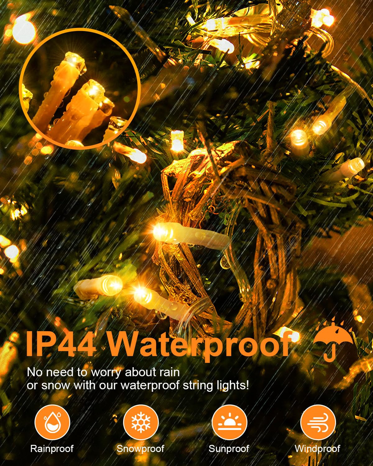JIXXULVU 125FT 380 LED String Lights, Warm White, Waterproof, Clear Wire, Model 300L, Indoor/Outdoor Holiday Decoration