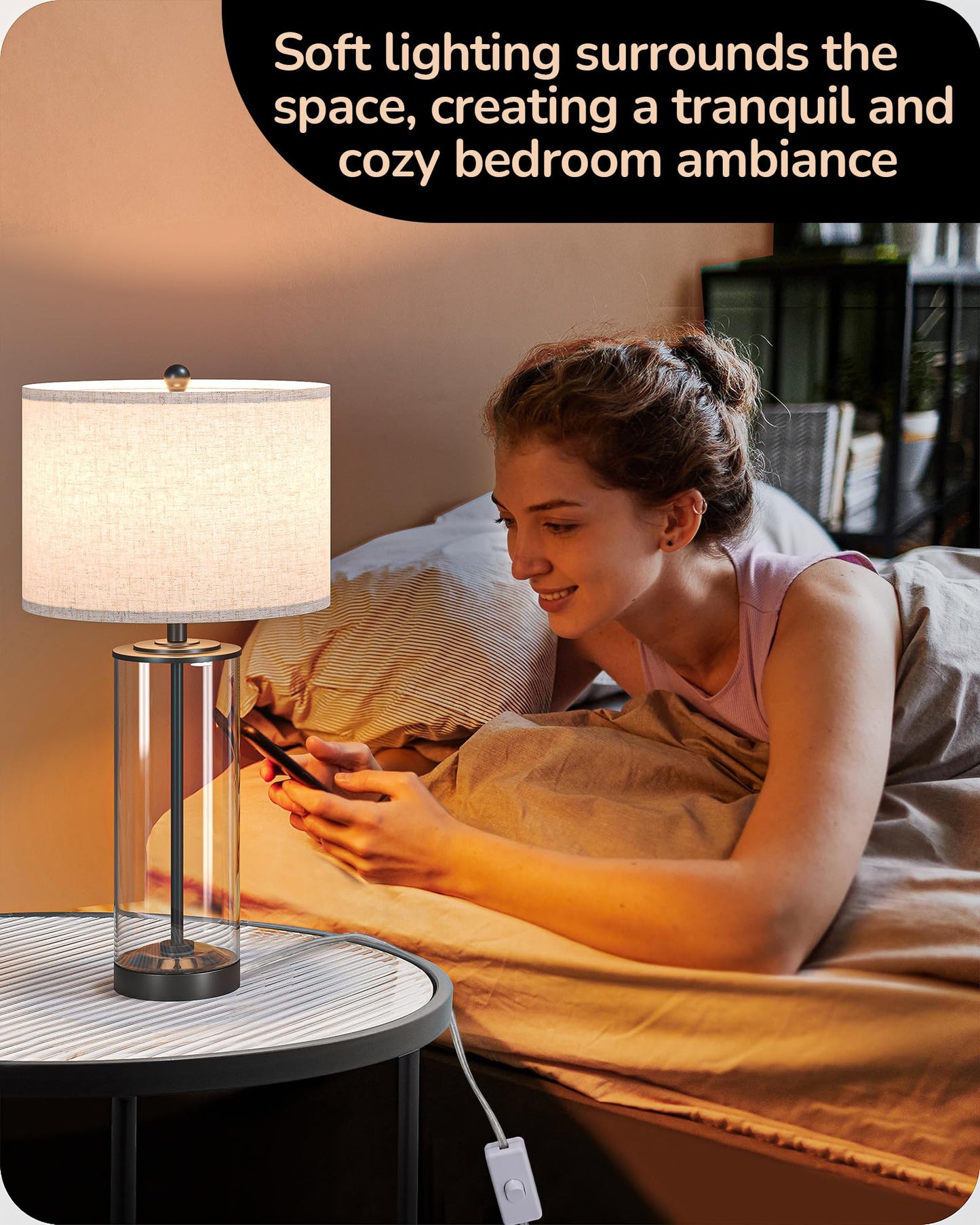 Edishine 23.6 Glass Table Lamp Set Of 2 Diy Refillable Bedside Lamp With Linen Lampshade & Rotary Switch E26 Base Nightstand Light For Living Room Bedroom Office