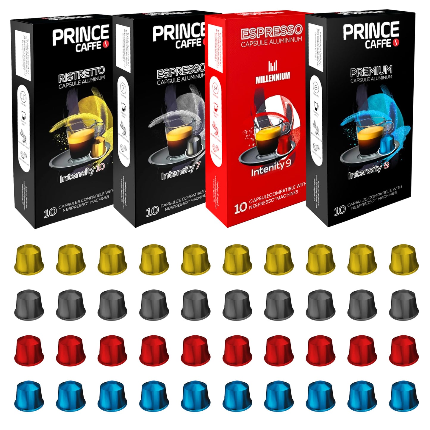 Prince Caffe Espresso Pods Variety Pack Compatible with Nespresso Original Line Machines - Espresso Ristretto Millennium & enhanced - Intensity 7 8 9 10 40 Count (4 x 10 Capsules)