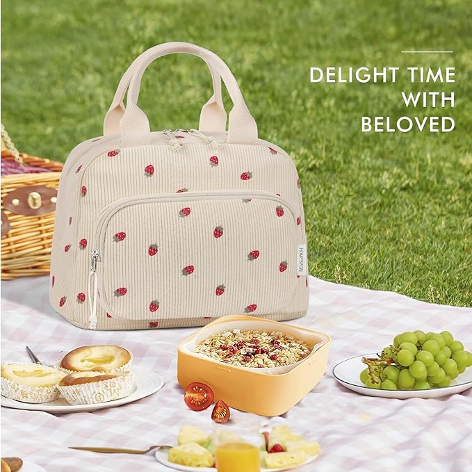 HOMESPON Lunch Bag for Women Men Adults with Front Pocket Cute Corduroy Insulated Lunch Tote Large Capacity Lunch Box Cooler Container for Work Picnic or Travel (Strawberry Beige)
