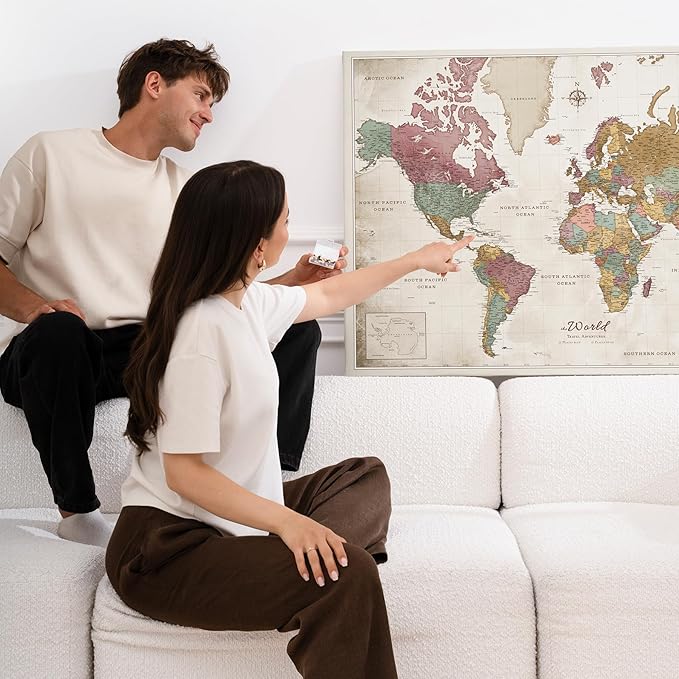 Canvas World Map with Cork Pin Board - English Lettering - Decorative Wall Decoration for All Rooms - Canvas Pictures with World Map Motif (150x100 cm, Pattern 20)