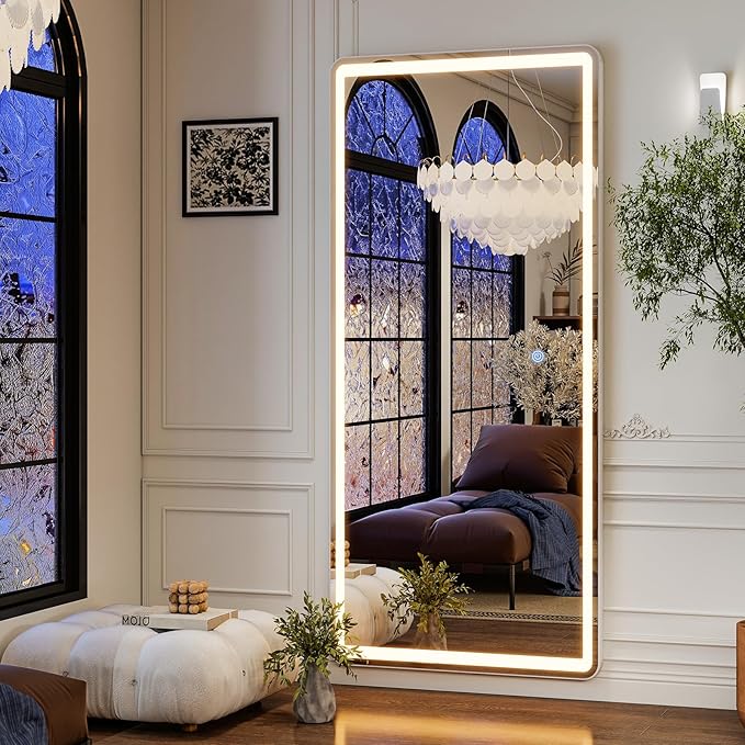 GLSLAND 65x26 LED Mirror Full Length, Aluminum Alloy Floor Mirrors with Lights, 3 Color Lighting & Dimming for Bedroom Decorative Wall Mounted, White