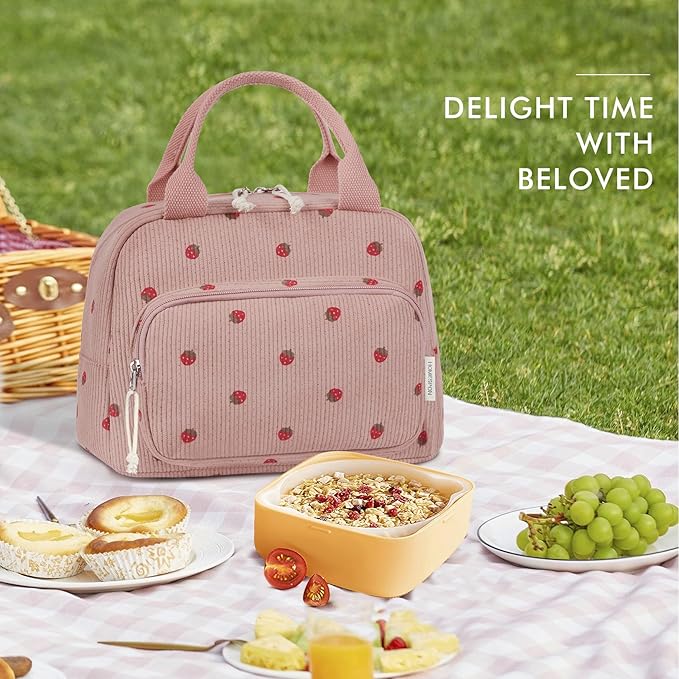 HOMESPON Lunch Bag for Women Men Adults with Front Pocket Cute Corduroy Insulated Lunch Tote Large Capacity Lunch Box Cooler Container for Work Picnic or Travel (Strawberry Pink)