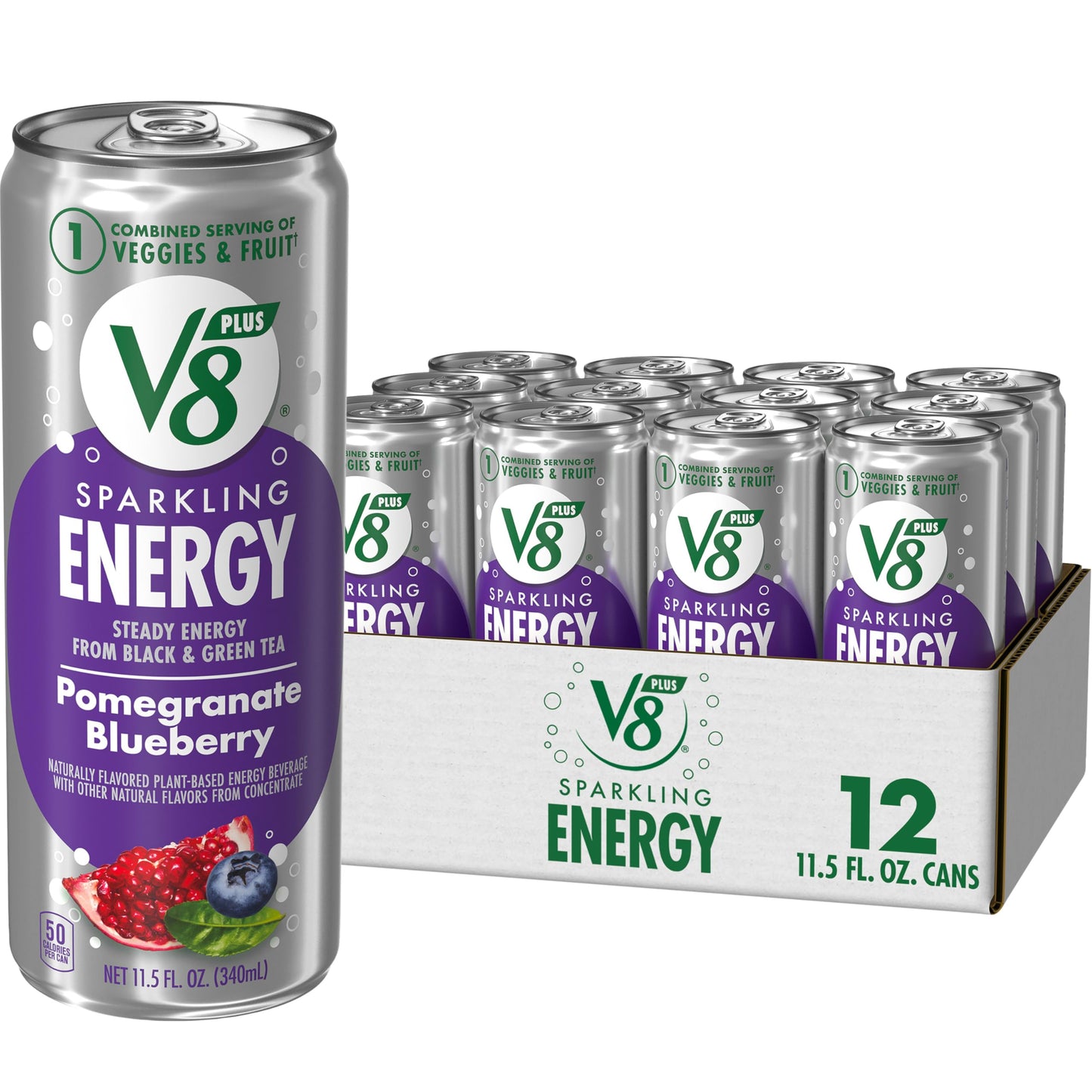 V8 +Energy Sparkling Pomegranate Blueberry Juice Energy Drink 11.5 fl oz Can (12 Pack)