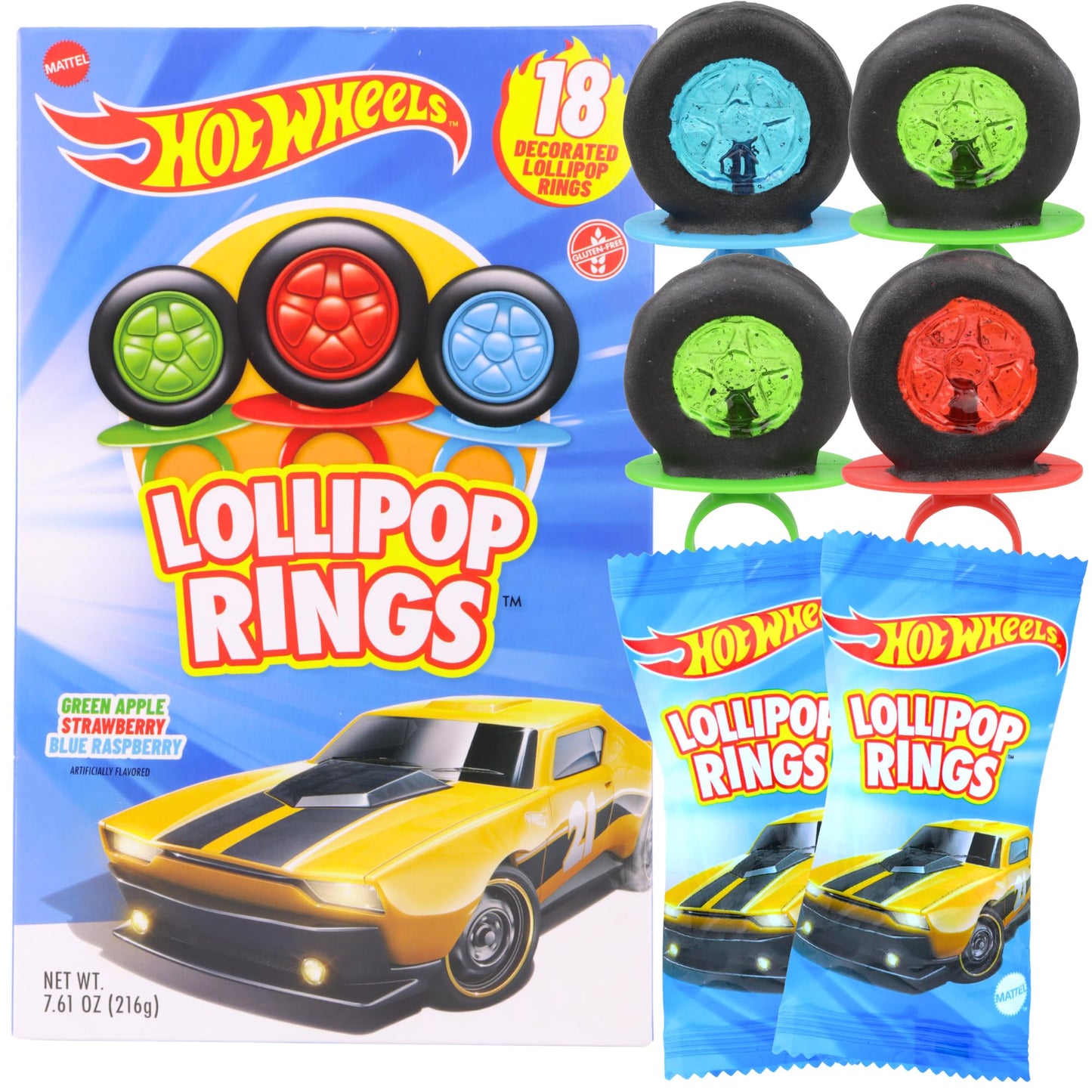 Limited Edition Hot Wheels Individually Wrapped Lollipop Rings Party Favor Candy Car Decorated Suckers Assorted Fruit Flavors 18 Pieces