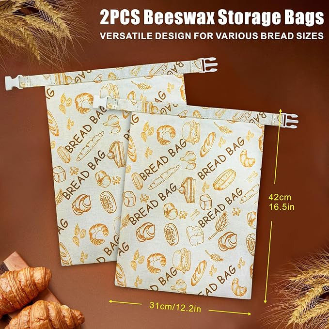 Mosucoirl Beeswax Bread Bags 2 Pack, Reusable Bread Storage Boxes for Homemade Sourdough, Cotton Food Bags Loaf Containers to Keep Fresh Large
