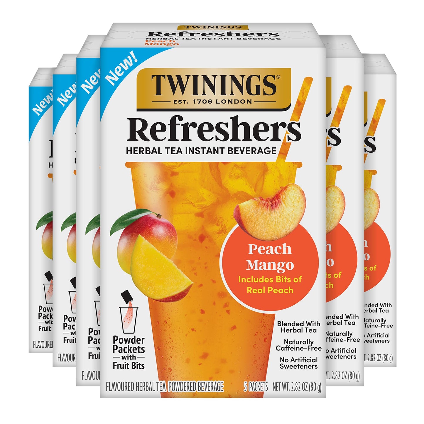 NEW Twinings Peach Mango Refreshers Herbal Tea Instant Beverage with Real Peach Fruit Bits 5 Count (Pack of 6) Caf? Style No Artificial Sweeteners Naturally Caffeine-Free Refreshment 30 Packets