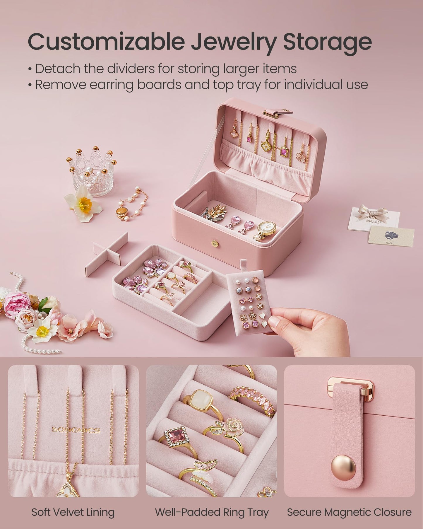 SONGMICS Jewelry Box, Travel Jewelry Case, 2-Layer Jewelry Holder Organizer, Portable Versatile Earring Storage, for Larger Acce