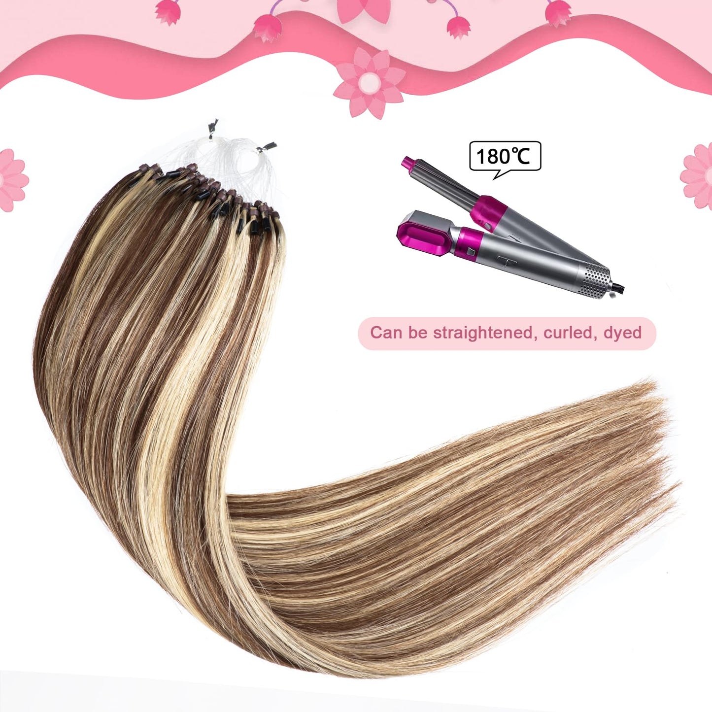Kpvxxve 24 Inch Human Hair Extensions Micro Beads Hair Extensions Ombre Remy Human Hair Brown with Bleach Blonde Micro Loop Huma