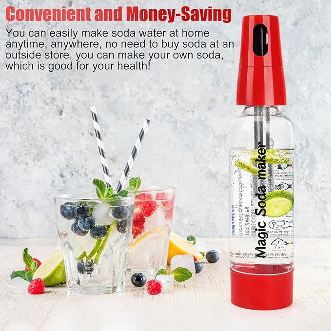 Sparkling Water Maker, Portable Soda Maker with 1L PET Carbonating Bottles, Soda Water Maker for Flavored Drinks, Soda Machine (Red)