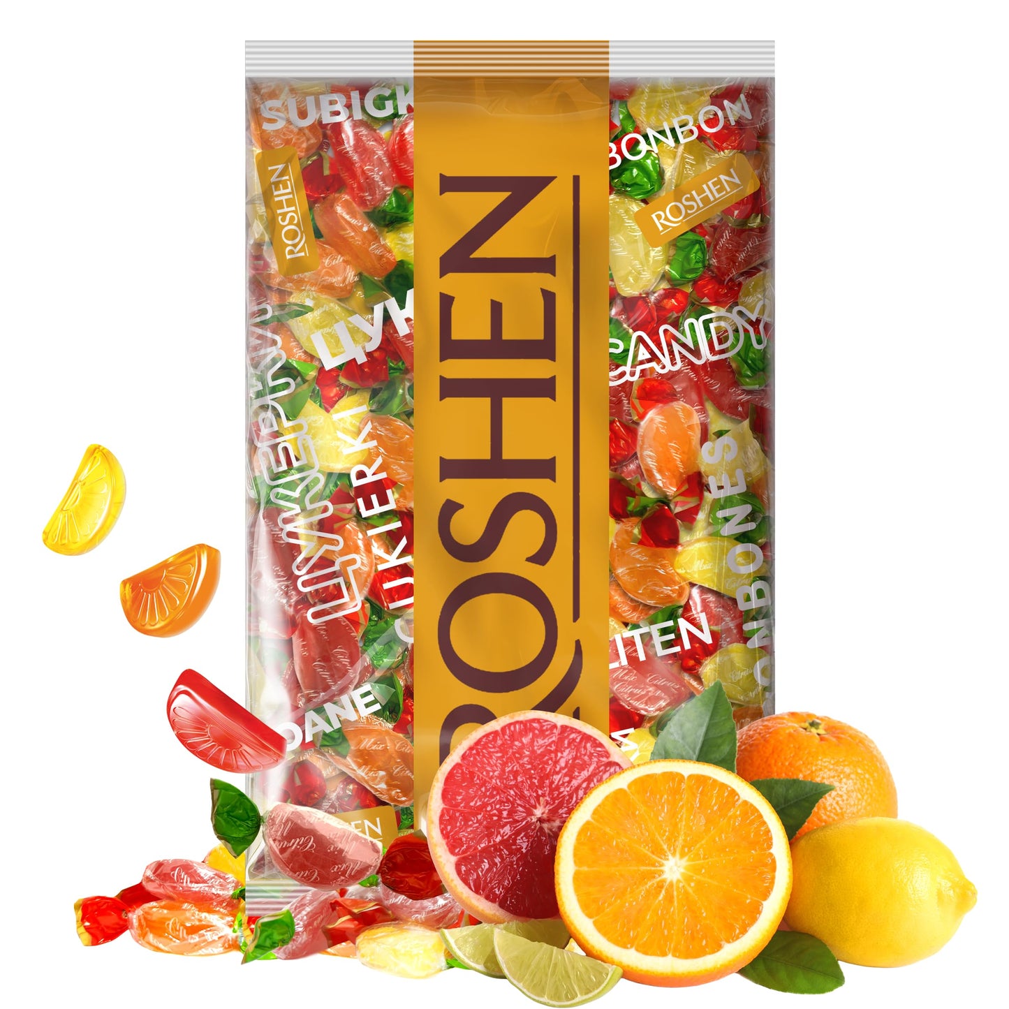 Roshen Citrus Mix Hard Candy - Assorted Fruit Flavors Individually Wrapped Bulk 2.2 lbs (1 kg) - Approx. 144 Pieces - Orange Lemon & Gfruit - Kosher Halal Made with Real Fruit Juice