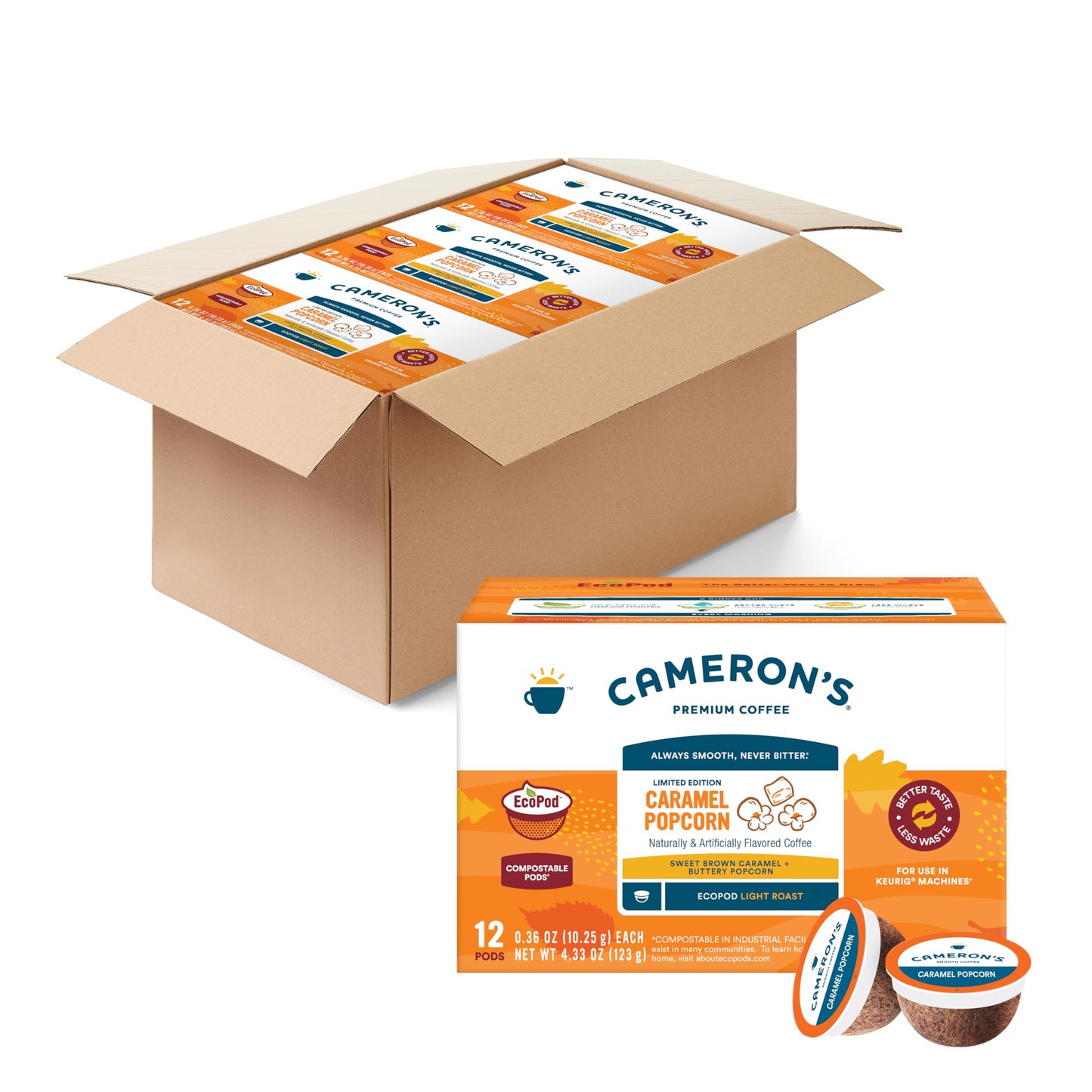 Camerons Coffee Single Serve Pods Caramel Popcorn Smooth Flavored Coffee Sustainable Small-batch Roasted 12 Count (Pack of 6)