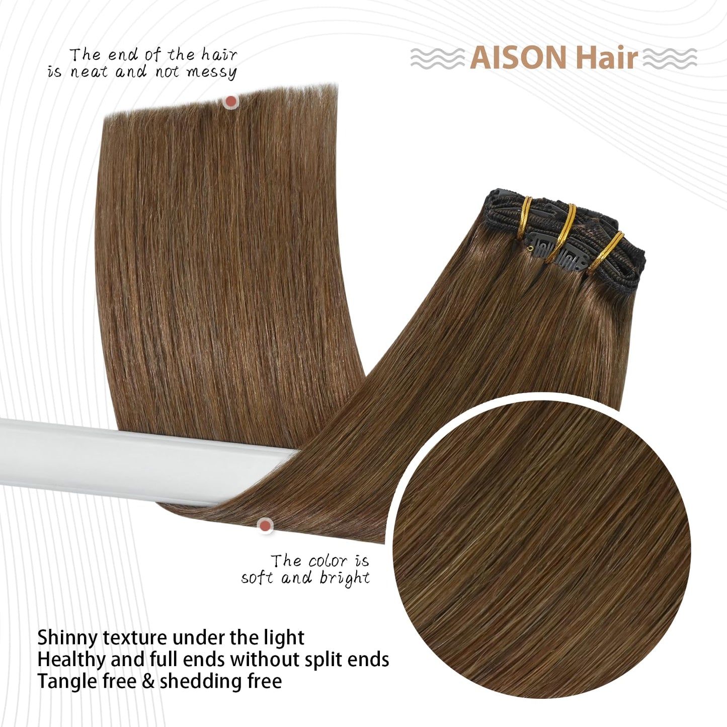 Aison Light Brown Clip in Hair Extensions Real Human Hair 7pcs Remy Hair 16clips for Women #6 Chestnut Brown Hair Extensions Rea