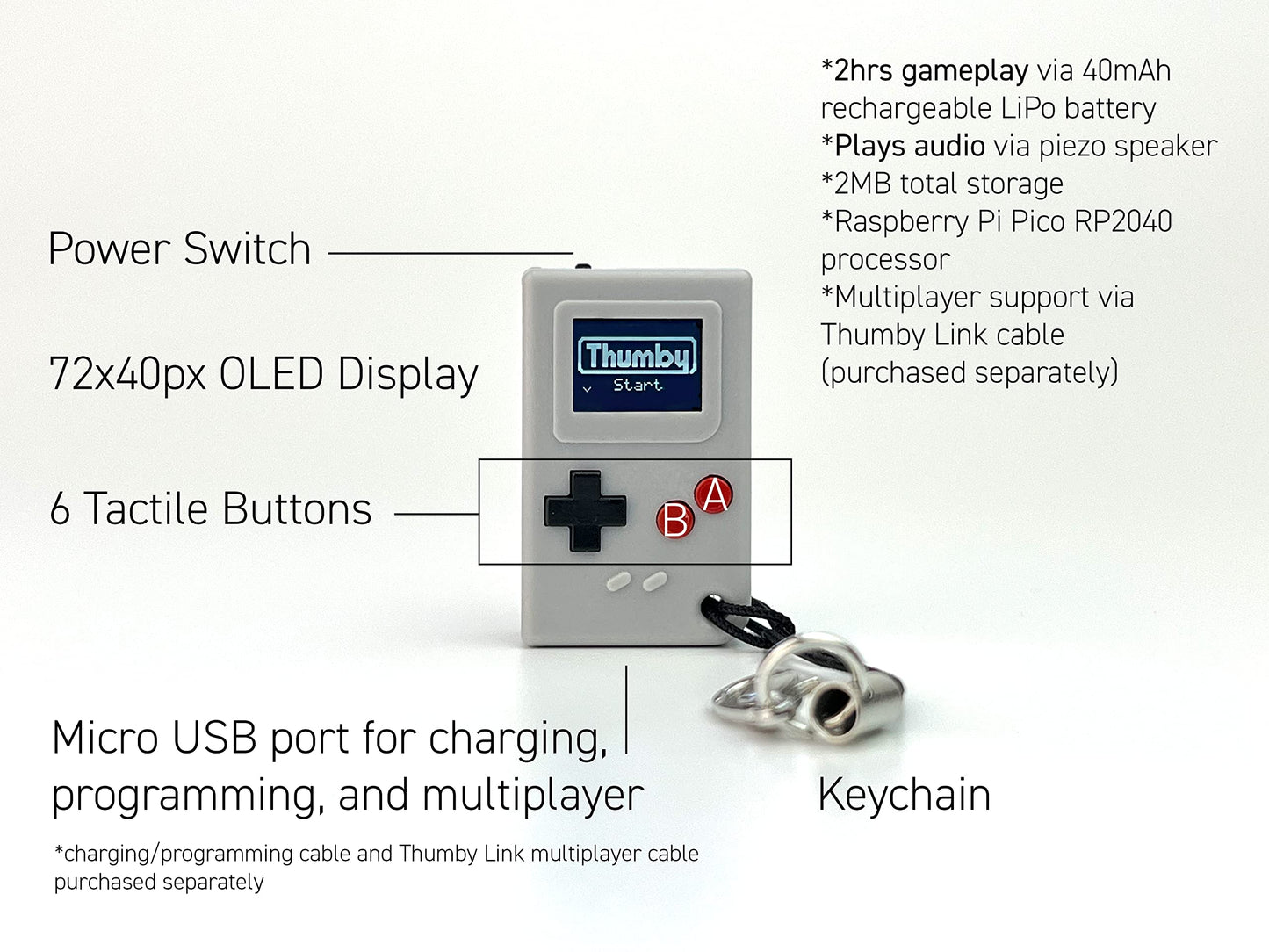 TinyCircuits Thumby Programmable Game Console Keychain – Retro Gaming Fun Mini-Console, STEM Learning, USB Rechargeable, 5 Preloaded Games (Gray)
