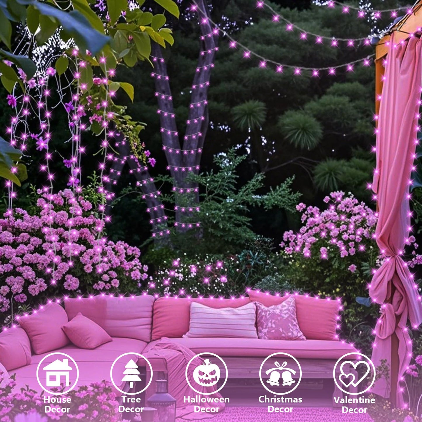 Yeguo Pink Christmas Lights Outdoor Waterproof 165Ft 500 Led String Lights Indoor 8 Modes Clear Wire Fairy Light Plug In For Party Tree Valentines Wedding
