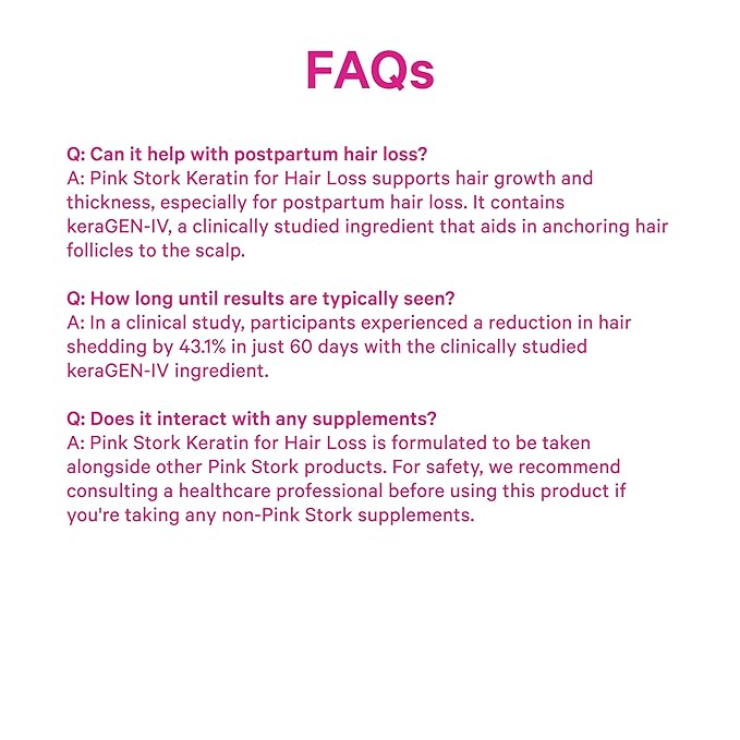 Pink Stork Keratin Hair Loss Supplement for Women - Clinically Studied KeraGEN-IV for Hair Care, Thinning, Shedding and Beauty - Hair Skin and Nails Support - Postpartum Hair Growth - 30 Capsules