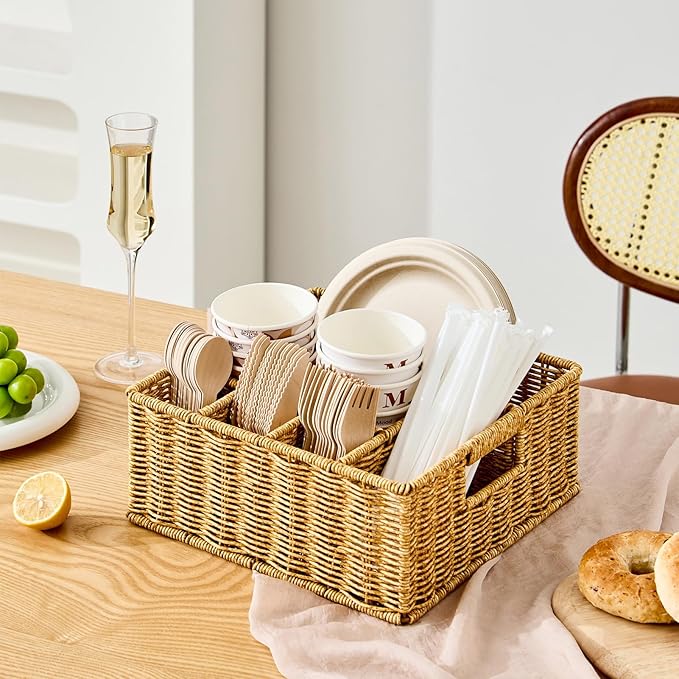 Utensil Holder for Party, Paper Plate Dispenser for Countertop, Silverware Caddy for Picnic, Cutlery Holder for Kitchen Camping Buffet, Wicker Basket with 6 Compartments