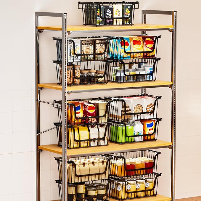 6 Pack Enhanced Leak-Proof Bottom Stackable Wire Baskets, Pantry Organizers and Storage, pantry storage,Shelf Baskets, Fruit Basket, Potato and Onion Storage Bins,(Black)