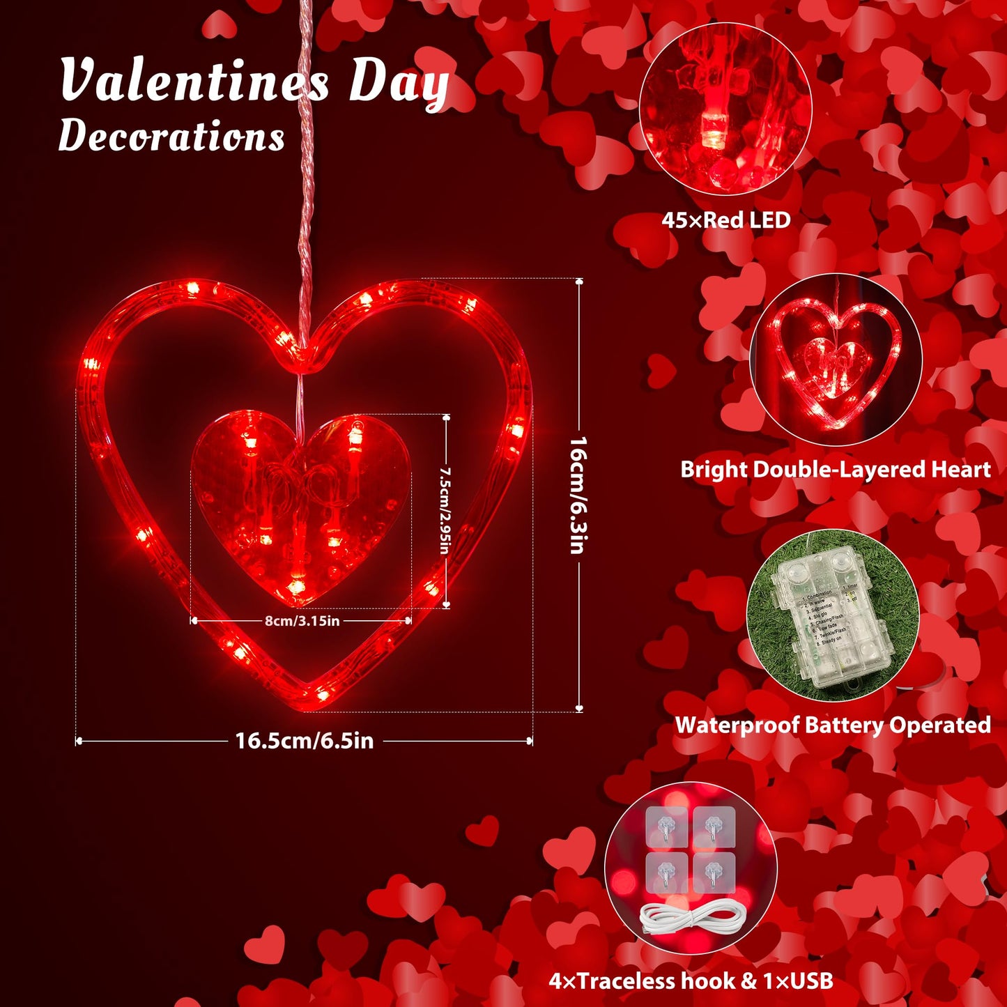 Hopolon Valentines Day Window Lights 2Ft 45Led Red Heart Valentines Day Decorations Lights Battery/Usb Operated Light Waterproof 8Modes&Timer For Indoor Outdoor Holiday Home Wall Door Decor(4Hooks)